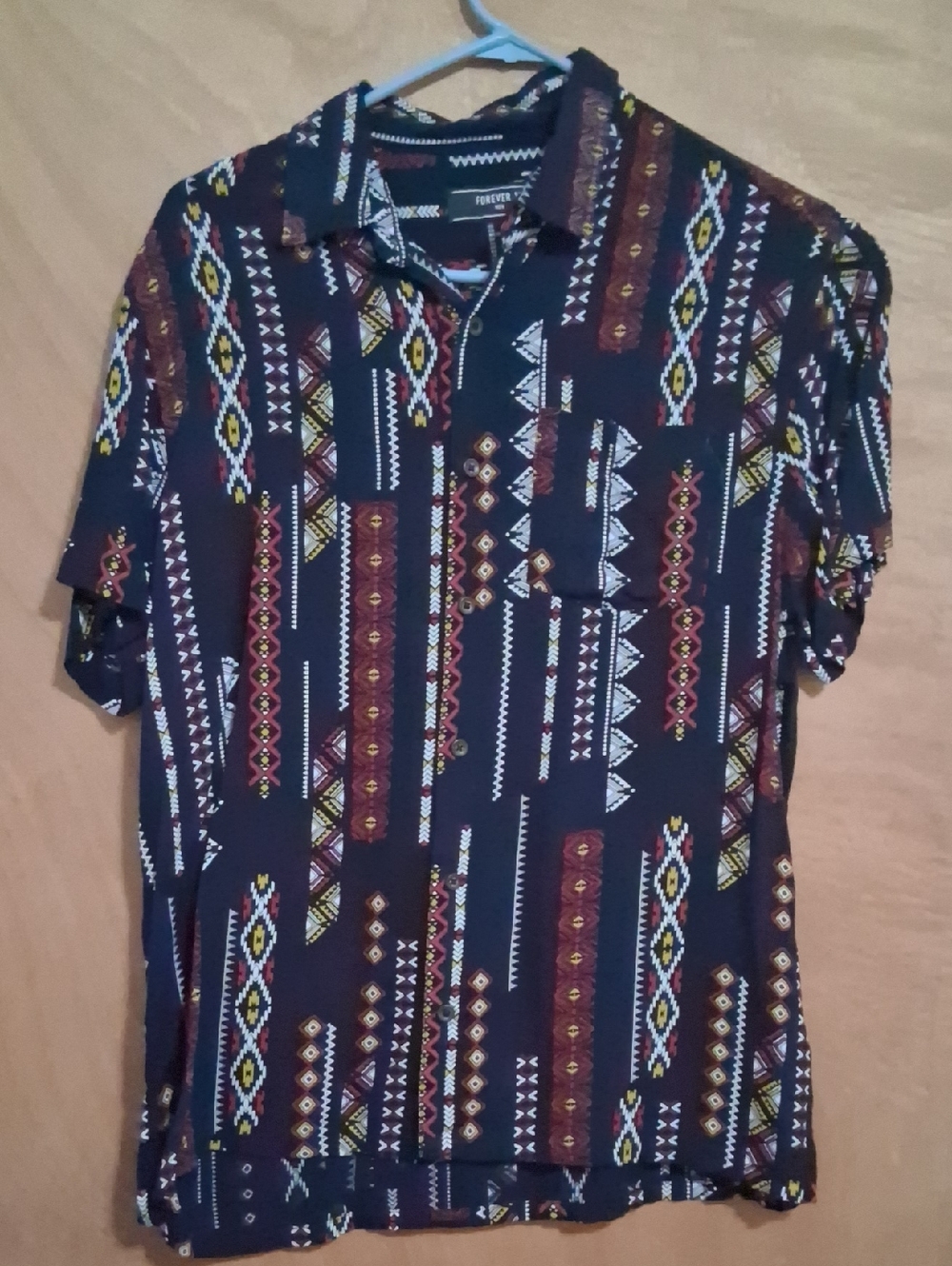 Forever 21 Navy Short Sleeve Polo with Multicolor Aztec Print